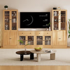 TUSY 71" TV Stand Storage Set - 2 Tall Bookcases & 2 Side Cabinets, Media Console with Glass & Wood Doors, Entertainment Center with Drawers, Tall Media Console for Living Room (Wood, AFFA)