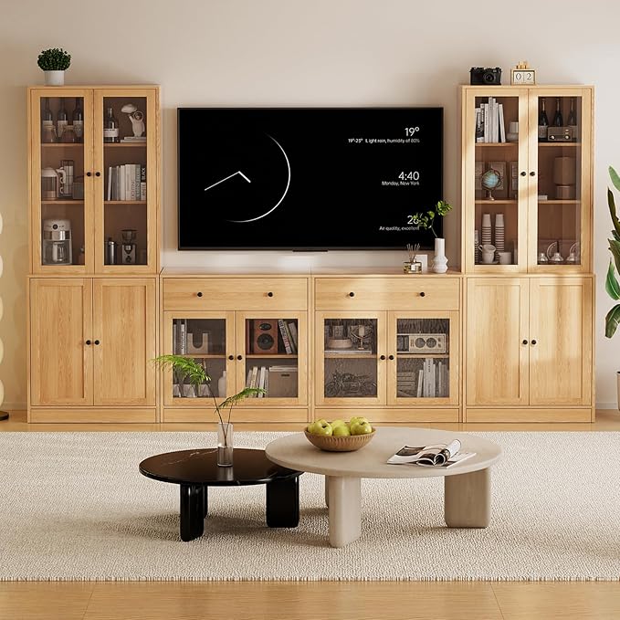 TUSY 71" TV Stand Storage Set - 2 Tall Bookcases & 2 Side Cabinets, Media Console with Glass & Wood Doors, Entertainment Center with Drawers, Tall Media Console for Living Room (Wood, AFFA)