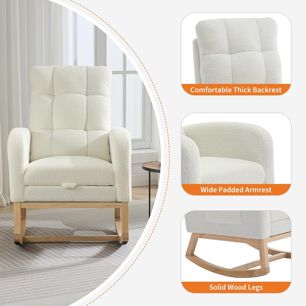 Modern Nursery Rocking Chair, Comfortable Rocker Recliner with Side Pocket, Footrest, Mid Century Upholstered Rocker Glider for Living Room, Bedroom, Nursing Room, High Back & Wood Legs, Teddy Beige