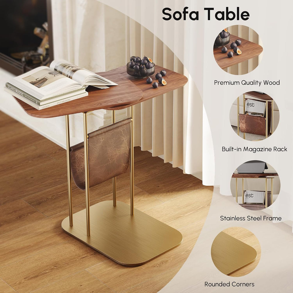 LOVEDIMA C-Shaped Walnut & Gold Rotating Side Table with Storage - 360° S...
