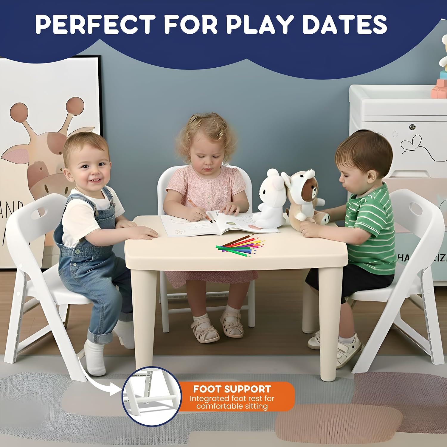 Giggle & Play Kids Folding Chair, 2 Pack - Toddler Beach & Camping Chair | Portable Folding Chairs for Kids & Toddlers, Lightweight for Beach, Camping & Sturdy Backrest, Easy Fold - White