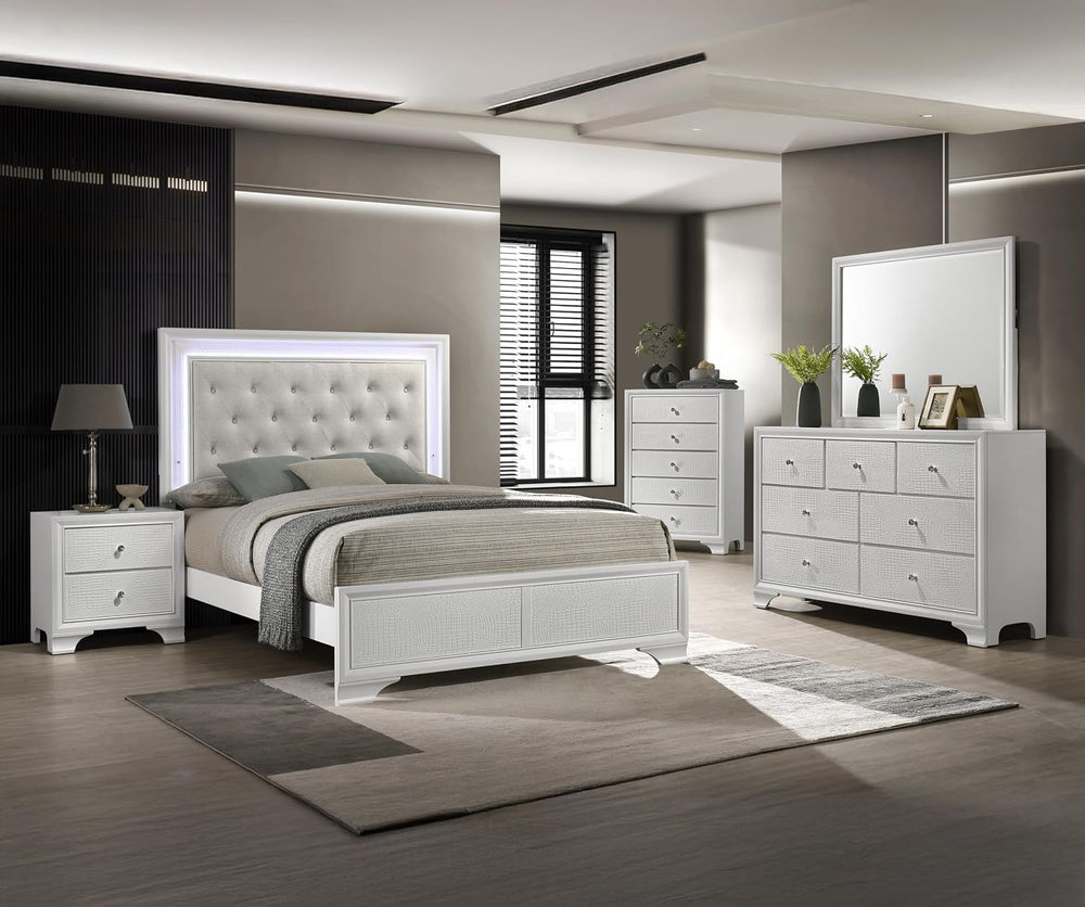 Modern Queen Size 1pc Bed Crisp White Textured Finish Tufted Headboard Integr...