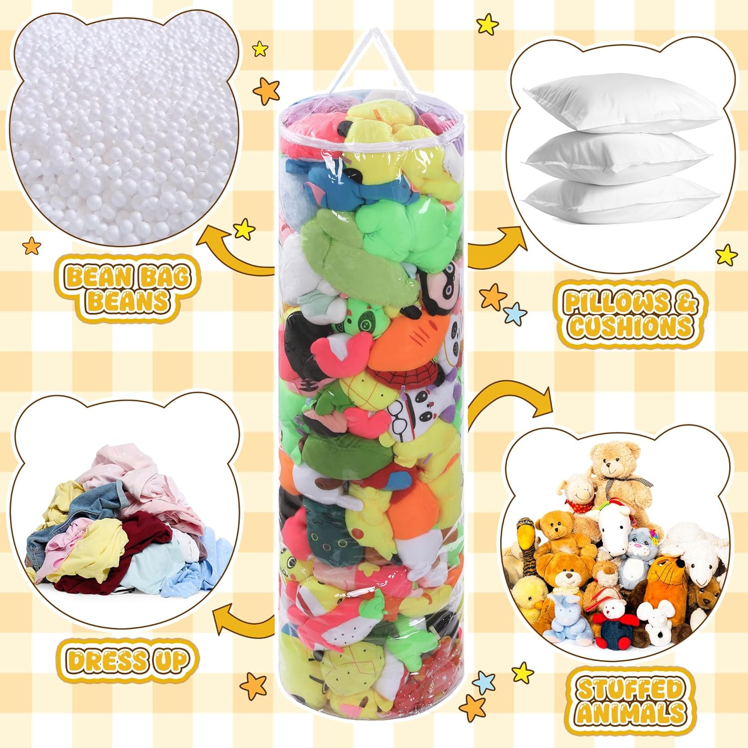 BALAPET Clear Stuffed Animal Bean Bag Cover for Kids,Waterproof PVC Storage Soft Stuff Animal for Organizing Toddler & Children Rooms,Portable Cylinder Bag to Sit, Play & Box(47.2x13.8x13.8in)