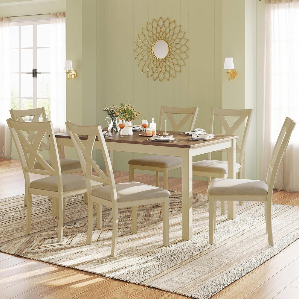 LUXOAK 7-Piece Farmhouse Kitchen Table and Chairs Set for 6, Rustic Cream