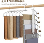 Space Saving Pants Hanger 6 Tier - Stainless Steel No Slip Multi Trouser Rack for Jeans, Slacks, Scarves - Vertical Folding Closet Organizer Saver for Men Women, 2 Pack