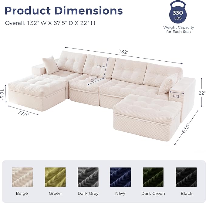MAXYOYO 132" U Shaped Modular Sectional Sofa with 2 Ottomans, Cloud Boneless Couch with Layered Cushion, Flexible Module Combination Sofa for Living Room, No Assembly Required, Beige