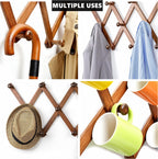 Amber Home Wood Accordion Wall Rack 17 Hooks (Pegs), Expandable Wall Mounted Hanger for Coat, Hat, Scarf, Coffee Mugs, X Shape Coat Hooks (Antique Retro Color)