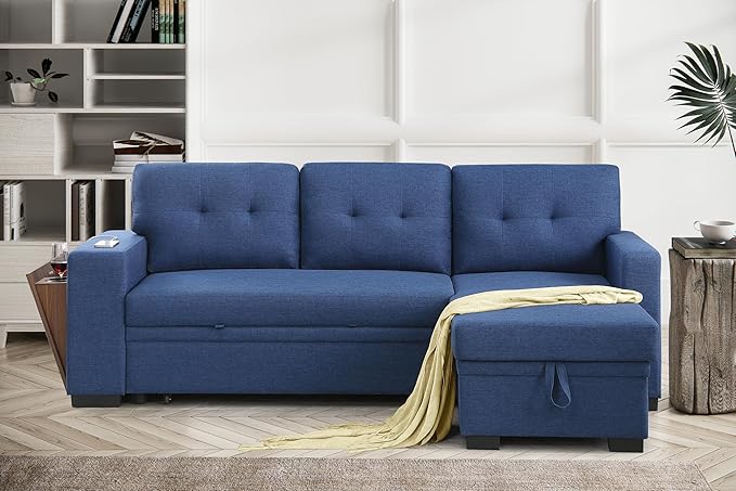 Devion Furniture Garisa 4-in-1 Convertible L Shaped Couch with Pull Out Bed and Storage, Sectional Sleeper Sofa with Reversible Chaise for Living Room, Apartment, Bedroom, Office