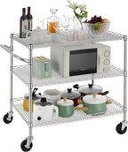 Finnhomy 3 Tier Heavy Duty Commercial Grade Utility Cart, Wire Rolling Cart with Handle Bar, Steel Service Cart with Wheels, Kitchen Carts on Wheels, Metal Cart Shelf Size 24" D x 36" W, NSF, Chrome