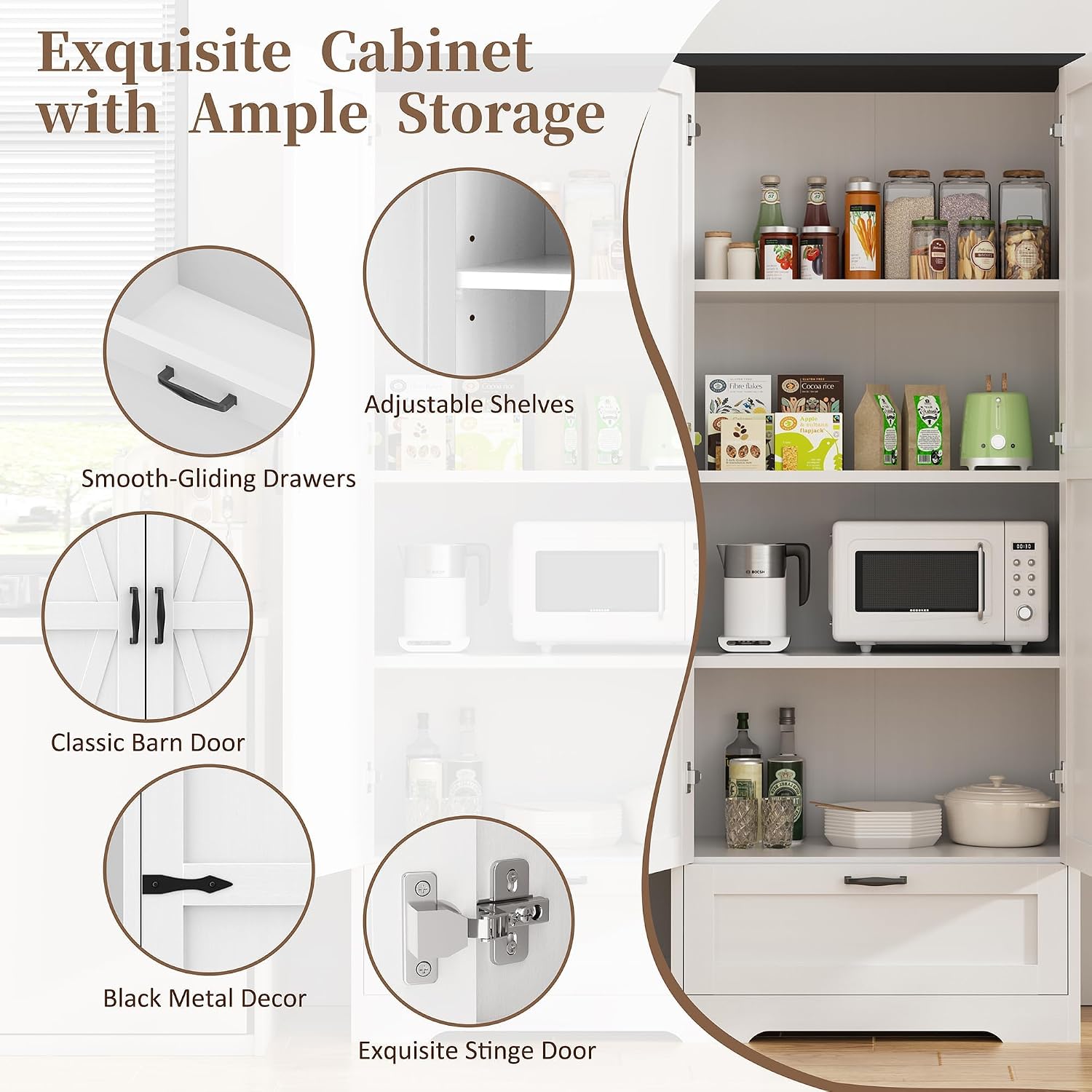 Shintenchi 65" Kitchen Pantry Cabinet, Farmhouse Tall Cupboard, White | Freestanding Cabinet, with 4 Shelves and 1 Drawer, for Kitchen, Living Room, Dining Room and Bathroom