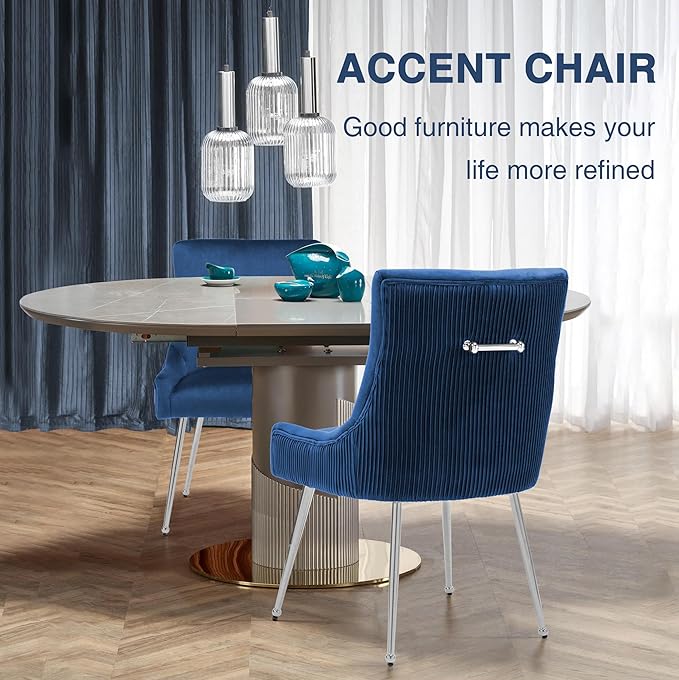 Velvet Dining Chairs Set of 2 with Silver Metal Legs, Modern Upholstered Kitchen Chair with Pull Handle & Pleated Back, Mid Century Accent Chair for Vanity,Dining,Kitchen,Living Room,Dark Blue