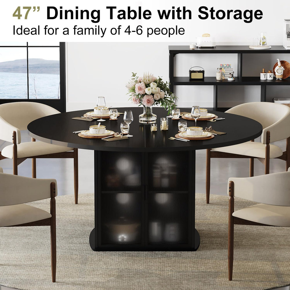 IBF Black Round Dining Table for 4-6, 47" Kitchen Table with Fridge Spac...