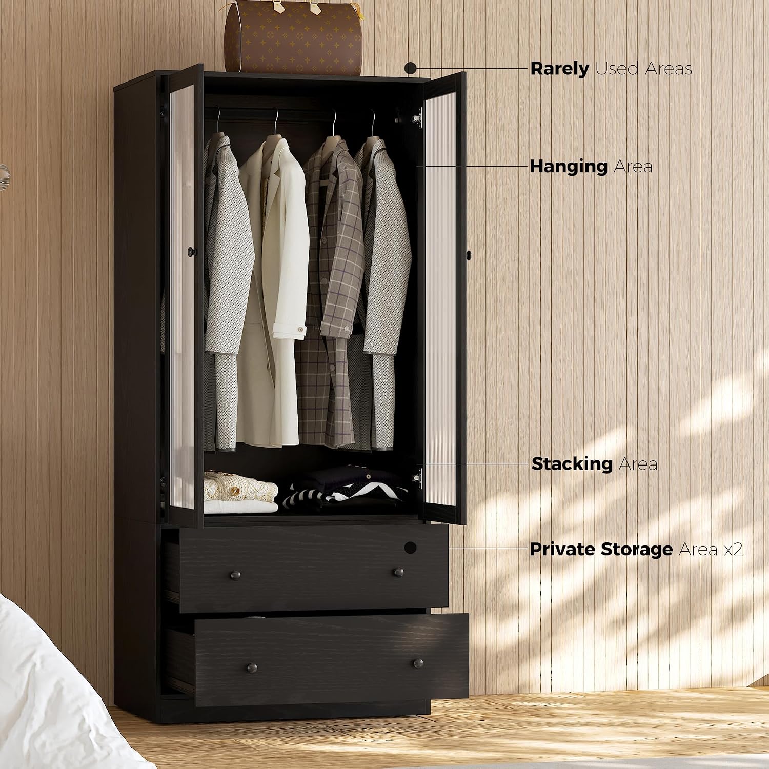 VOWNER 20“D Armoire Wardrobe Closet with Fluted Glass, 71" H Clothing Storage Cabinet with Hanging Rod, 4 Soft-Close Doors Wooden Wardrobe Cabinet for Bedroom, Large Capacity Storage Black(CCA)