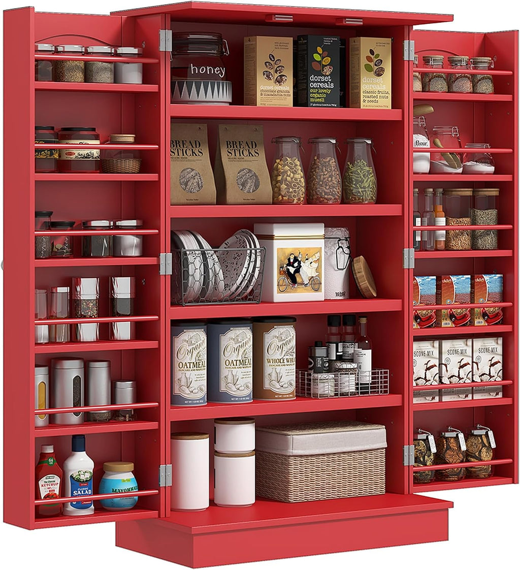 23.6" D*11.8" W*40.9" H Freestanding Kitchen Pantry with 4 Shelves, Double Door with 10 Shelves, Rectangular Storage Cabinet, Modern, Easy Assembly, for Living Room, Dining Room, Red