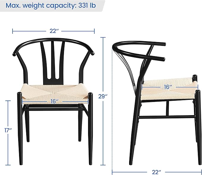 Yaheetech Weave Dining Chairs Set of 4 Mid-Century Modern Dining Room Chairs with Weave Hemp Seat and Metal Legs for Kitchen, Living Room, Restaurant, Black