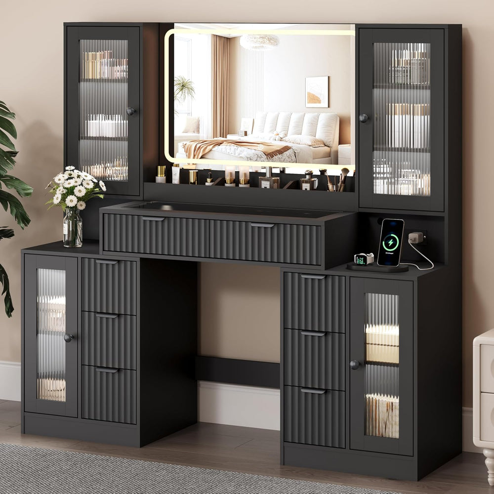 55" Vanity Desk with Mirror & Lights, Fluted Makeup Vanity with 8 Dr...