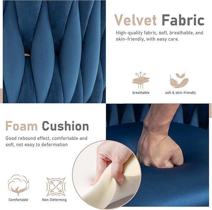 Kiztir Velvet Dining Chairs Set of 4, Modern Dining Chair with Gold Metal Legs, Luxury Tufted Dining Chairs for Dining Room, Bedroom, Kitchen (Blue)