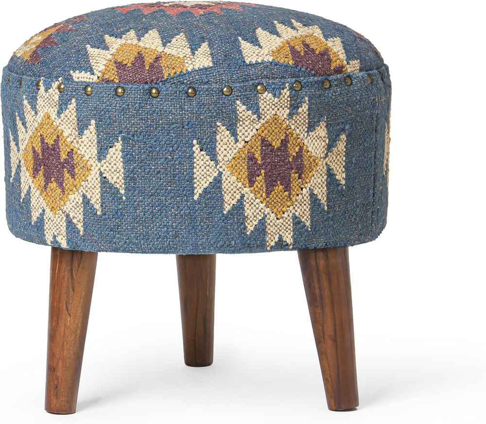 Handmade Kilim Jute Pouf Ottoman Stool | Round Upholstered Seating with Acaci...