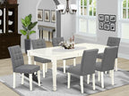 East West Furniture DOAS7-LWH-41 7 Piece Modern Dining Table Set Includes A Wood Table and 6 Platinum Gray Polyester Fabric Padded Chairs with Stylish Back- Linen White Finish