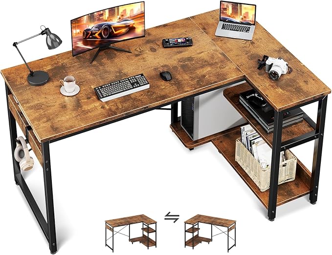 Casaottima L Shaped Computer Desk, 48 Inch Small Corner Desk with Storage Shelves & PC Stand, Reversible Gaming Desk for Bedroom, Modern Writing Study Table for Home Office, Vintage