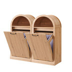 Arched Tilt-Out Trash Can Cabinet, Fluted 10 Gallon Trash Can Cabinet Set of 2, Modern Laundry Hamper, Hidden Garbage with Storage Basket for Kitchen, Living Room, Natural