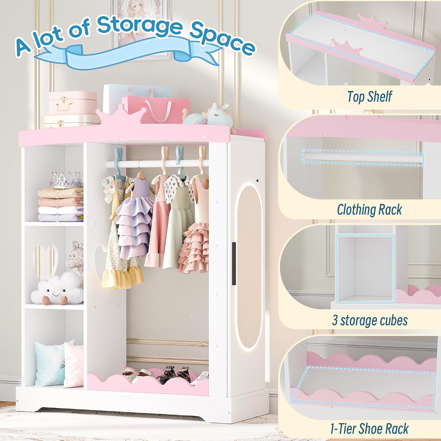 Betterhood Kids Closet with Jewelry Cabinet, Princess Dress Storage with Shelves&Mirror, Costumes Wardrobe Closet with Hanging Rack for Toddlers,Organizer for Bedroom (White)