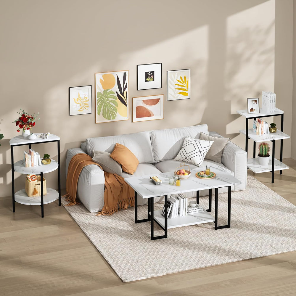 AWQM Coffee Table Set, Faux Marble Table & 2 Side Table, White & Blac...