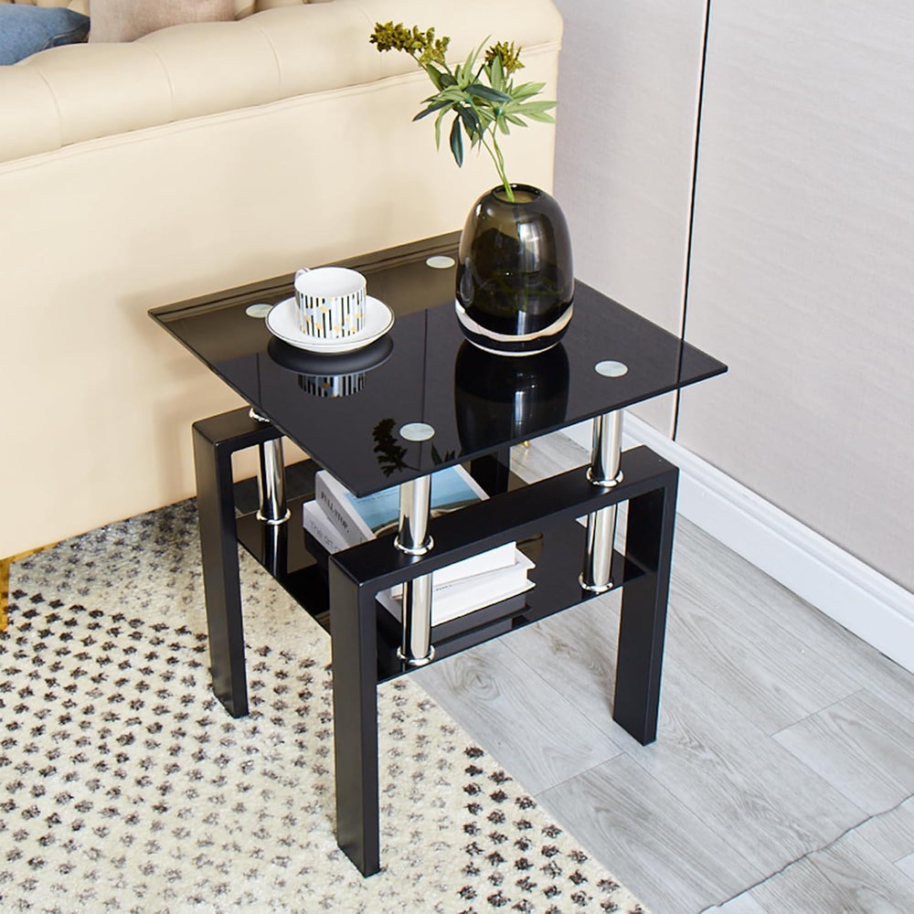 Glass Coffee Table Set of 3, Modern Black Living Room Tables, Coffee and End ...