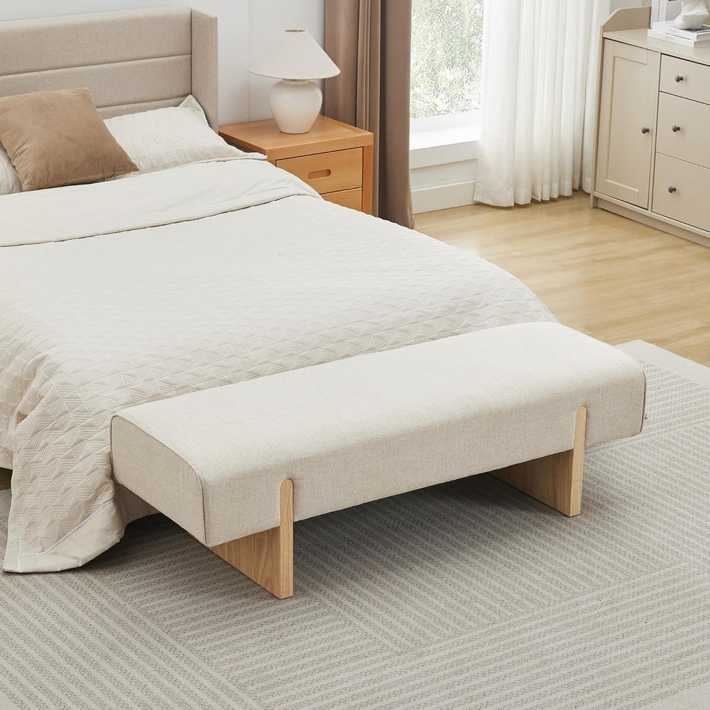 Zesthouse Solid Wood Bench for Bedroom, 55'' Upholstered Linen Fabric...