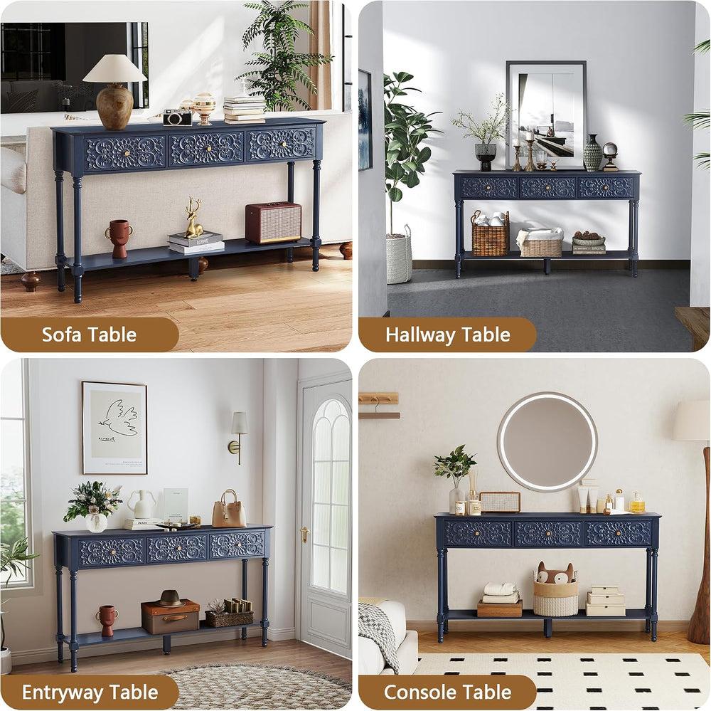 weselon 55.5" Carved Console Table with 3 Drawers, 2-Tier Sofa Table wit...