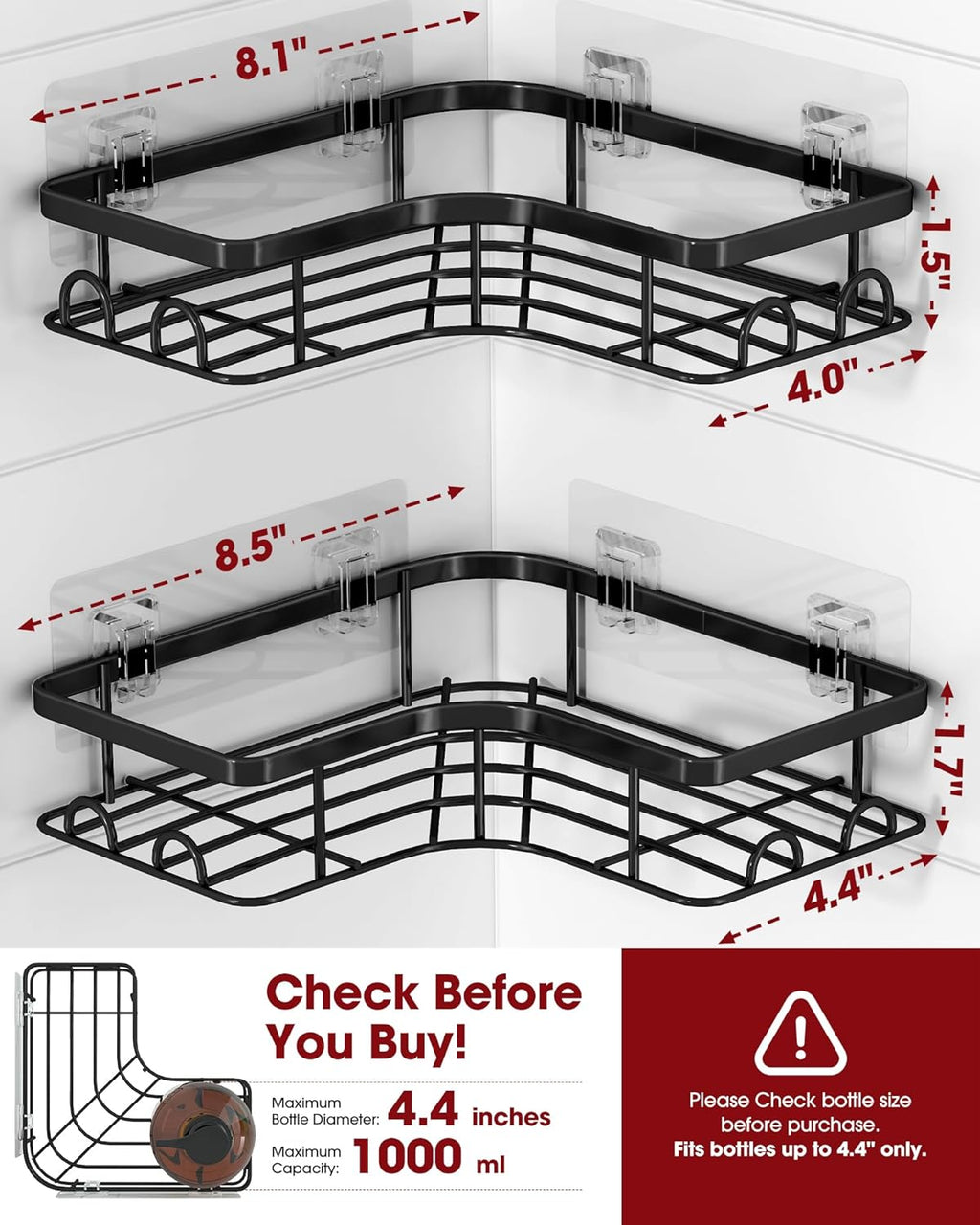 Corner Shower Caddy - 2 Pack, Adhesive Shower Organizers, Rustproof Stainless Steel Shower Shelves with 8 Hooks, No Drilling Bathroom Organizers and Storage Racks, Space-Saving, Black,Medium