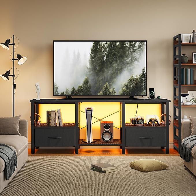 TV Stand for 55 Inch TV, LED Entertainment Center with Fabric Drawers and Power Outlets, Modern Industrial TV Media Console for Living Room, Bedroom Storage Cabinet - 47.2'' Black