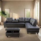 L Shaped Sectional Sofa with Ottoman, Nail-Head Design Leather Right Facing Modern Couches with Cup Holder for Living Room, Bedroom, Office, Black Leather