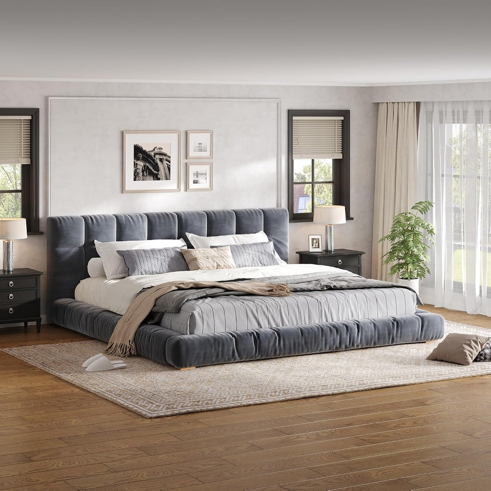 JIVOIT King Size Upholstered Platform Bed, Velvet Headboard Bed Base, Wood Sl...
