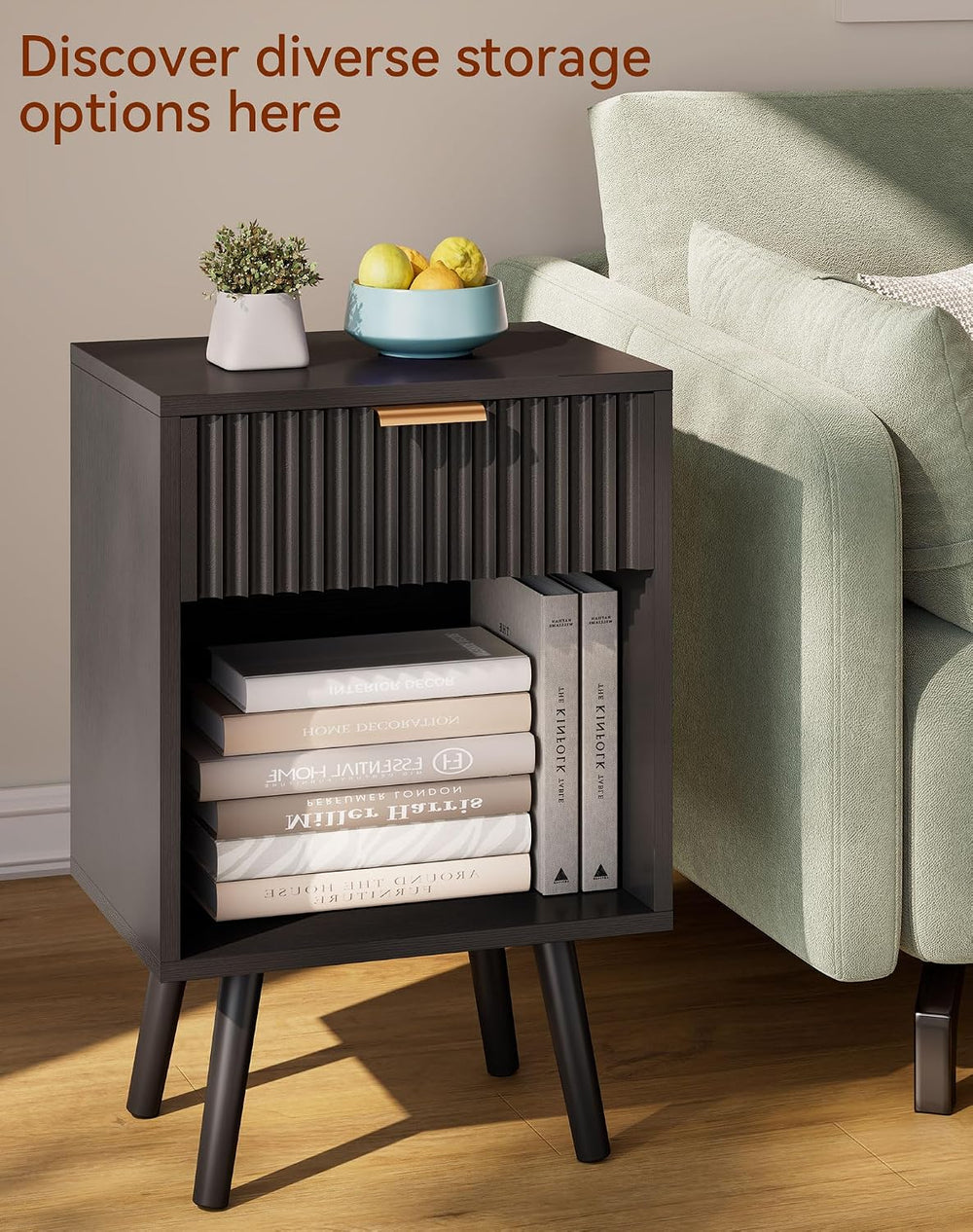 YMYNY Mid Century Modern Nightstand Set of 2, Side Table with Fluted Drawer, ...