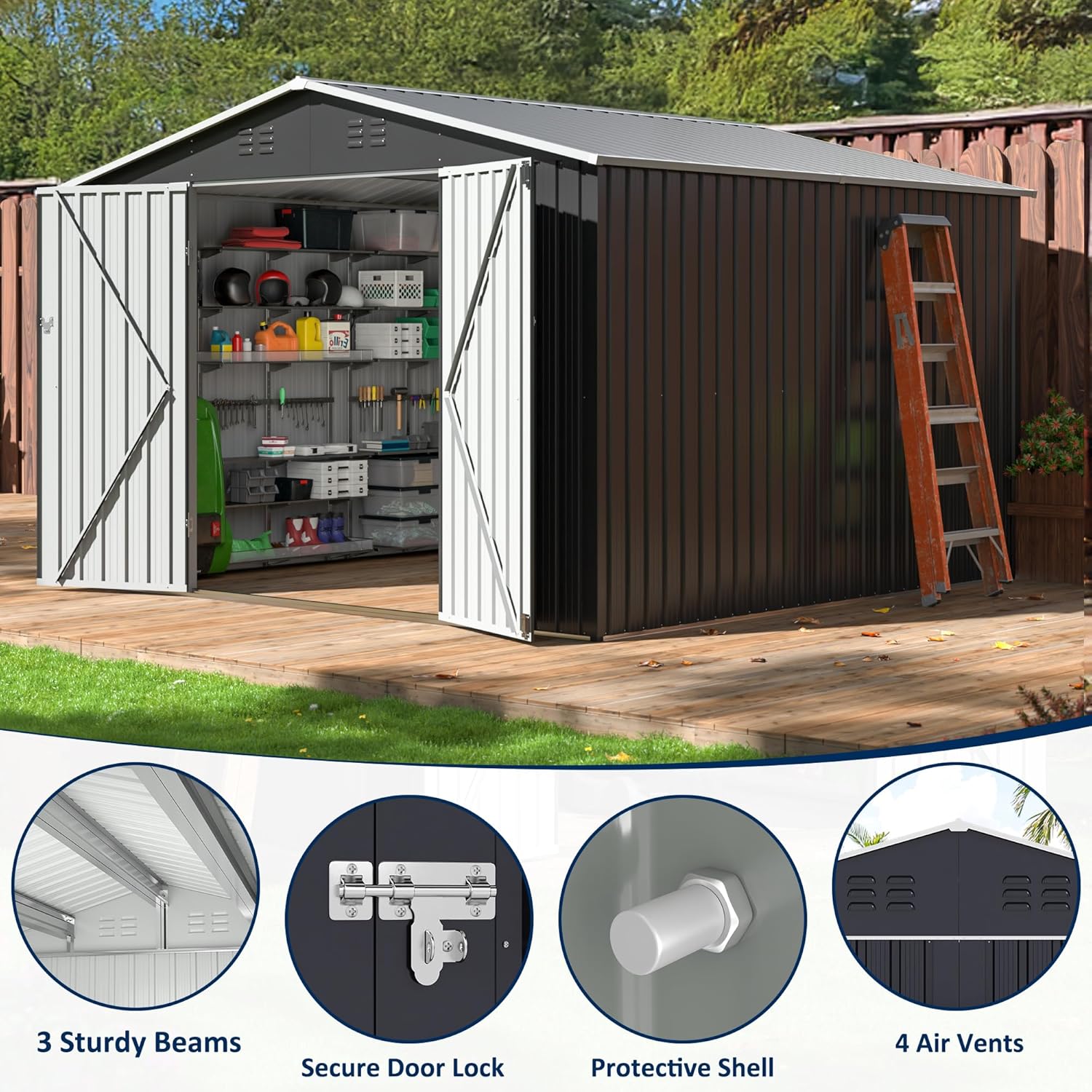 10x10 FT Storage Shed, Garden Shed with Updated Frame Structure and Lockable Doors, Metal Tool Sheds for Backyard Garden Patio Lawn, Grey