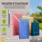 Smartsome | Wall Mounted | Clothes Drying Rack| 22" Wide |15 Linear Feet Capacity | 8 Smooth Round Stainless Steel Rods | 60 lb Capacity | Fully Assembled | Compact Sturdy Space-Saving Design