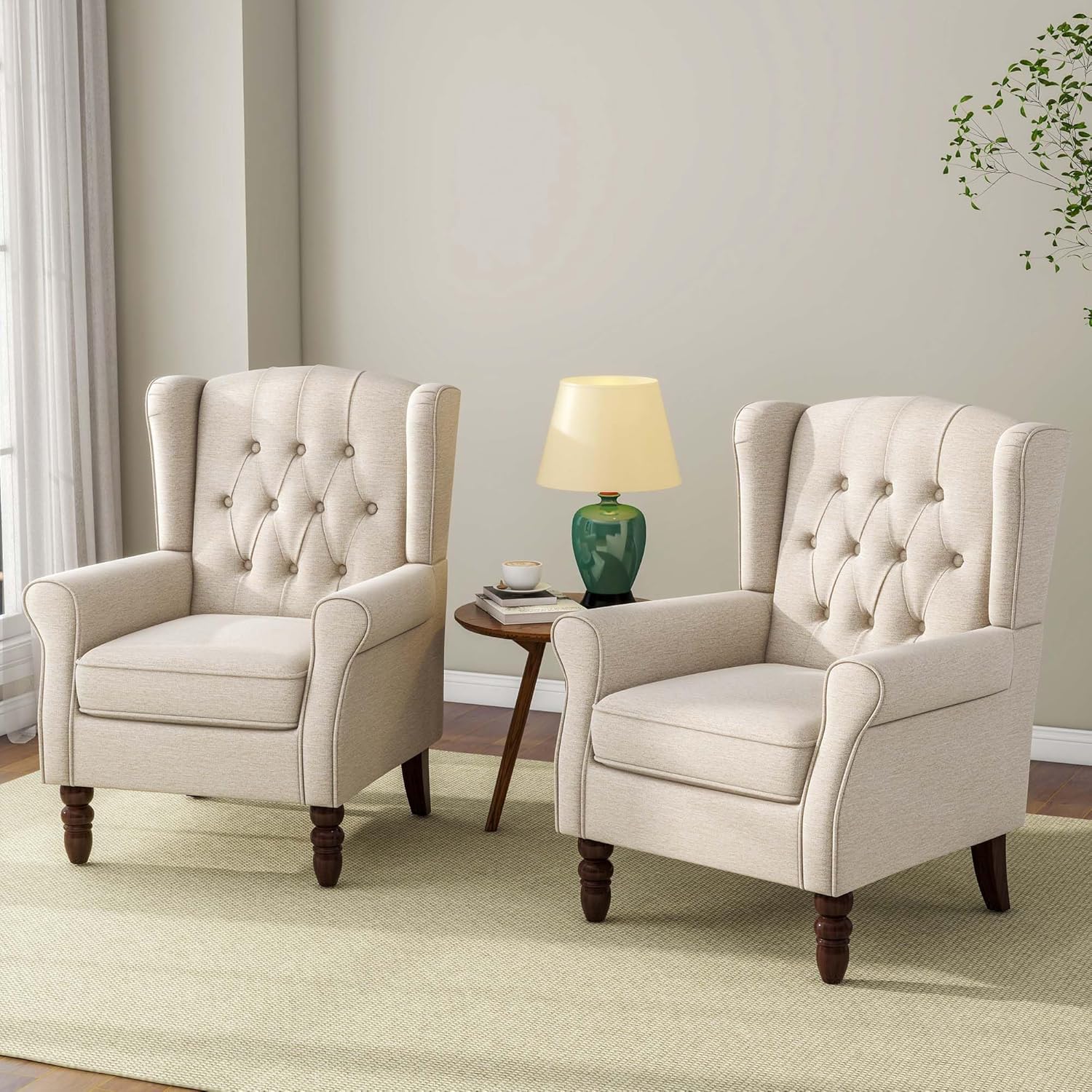 Accent Chair, Upholstered Armchair with Button Tufted High Back & Solid Wood Legs, Comfy Wingback Reading Single Sofa Chair for Small Spaces, Living Room, Bedroom