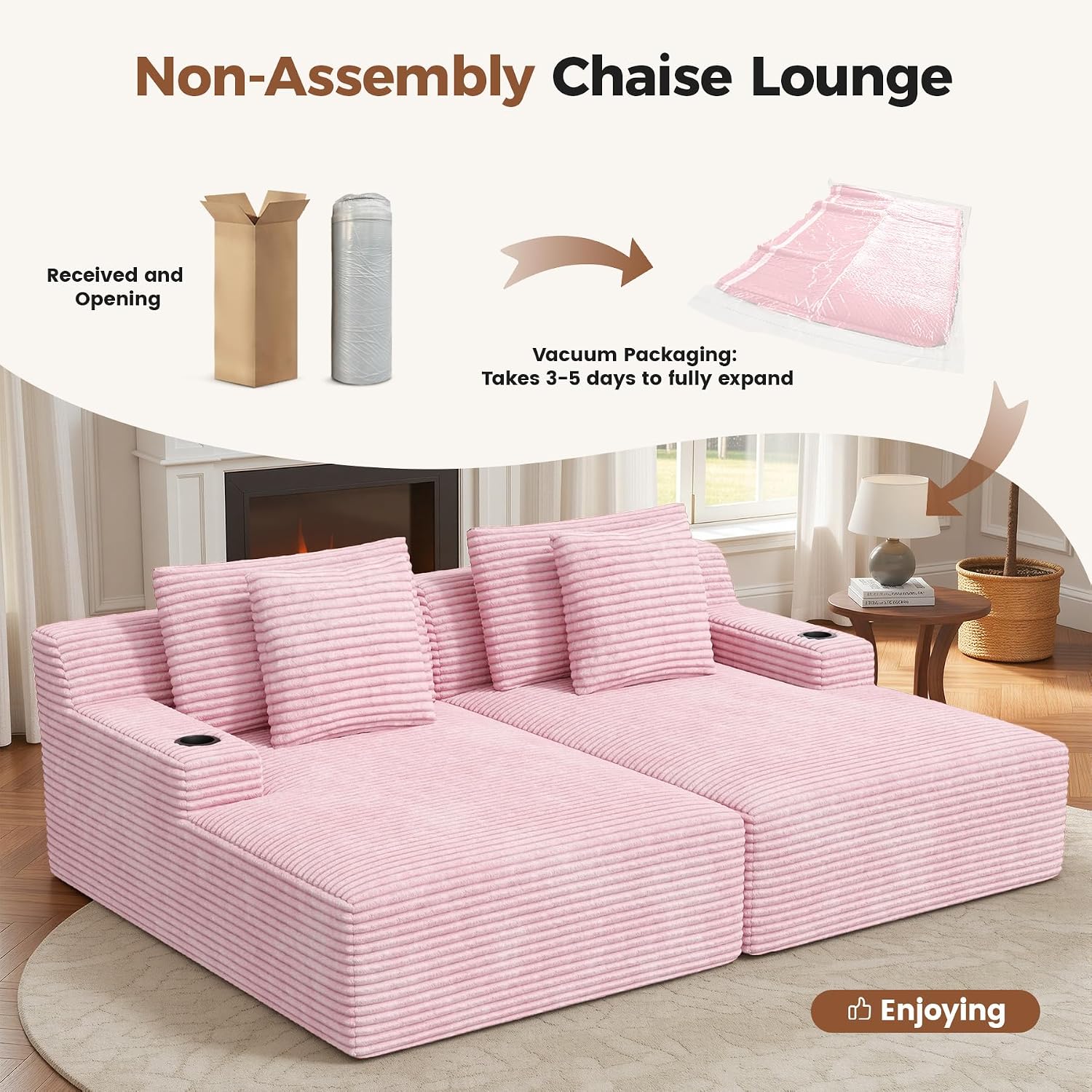 80'' Double Chaise Lounge Chair Indoor, Sofa with Cup Holders 4pcs Pillows | Luxanimarion Deep Seat Sofa with Cup Holders Oversized Boneless Bed for Living Room Bedroom, Corduroy Pink