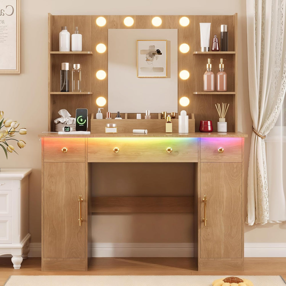 HUANLEGO Vanity Desk with Mirror and LED Lights & Strips for Girls, Oak