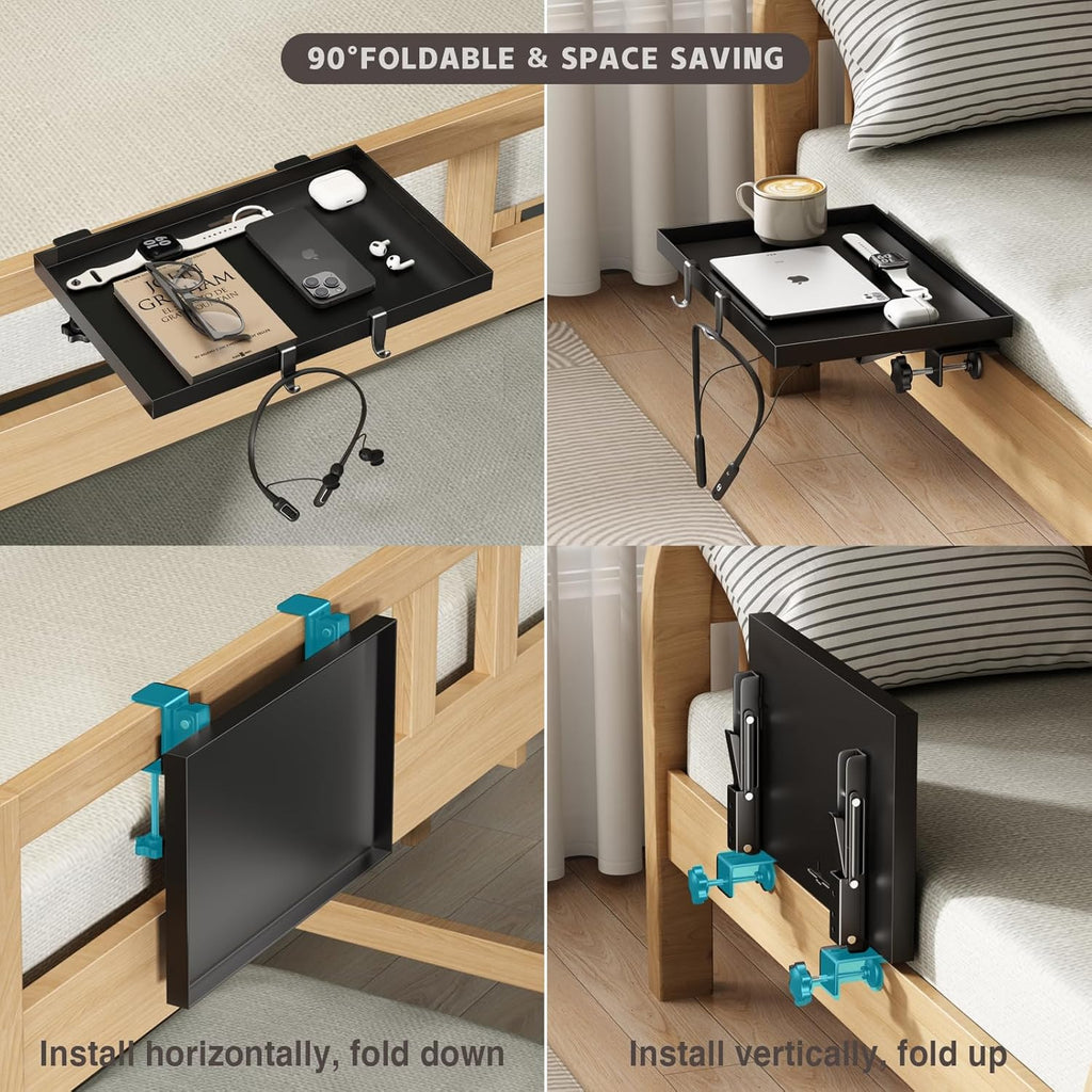 Bedside Shelf Foldable, Metal Clip-On Bunk Bed Table Shelf for Top Bunk Heavy Duty Bed Side Table Tray for College Dorm Room Essentials, Loft Nightstand Organizer Tray with 1 Cord Hole(Black)