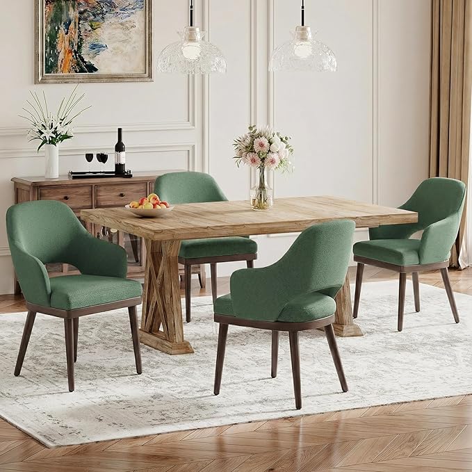 Wooden Dining Chairs Set of 4, Modern Fabric Upholstered Dining Room Chair, Kitchen Side Chairs, Farmhouse Dinner Chair with Open Back for Kitchen, Green