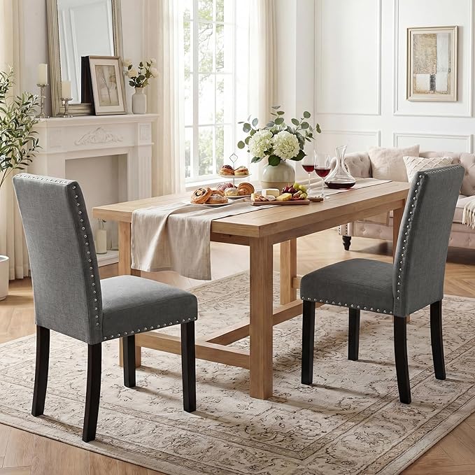 Giantex Dining Chairs Set of 4, Fabric Upholstered Parsons Kitchen Chair w/Nailhead Trim,Solid Rubber & Bent Wood Legs, Thick Padded Seat, Armless Side Chairs for Living Dining Room Restaurant, Grey