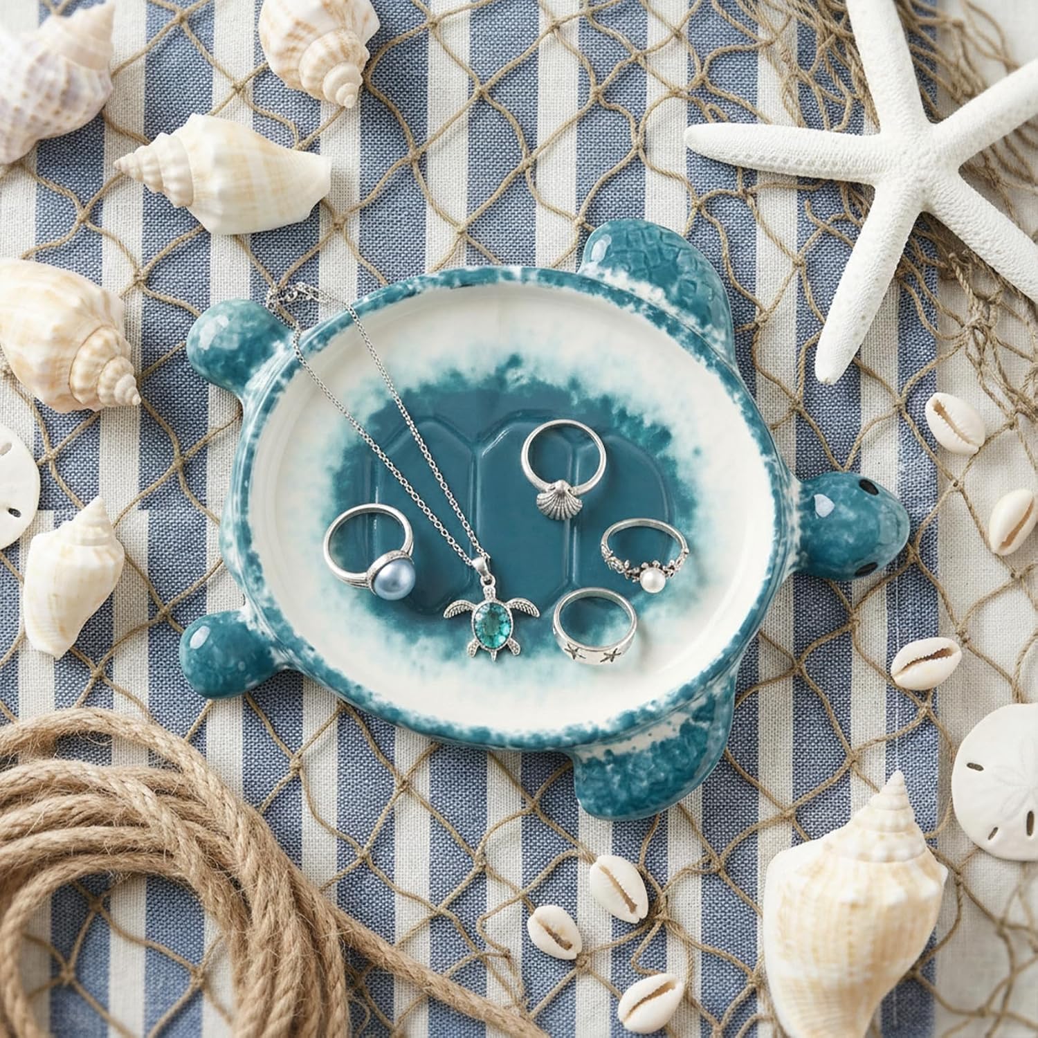 Potiera Sea Turtle Jewelry Tray, Handmade Ceramic Decorative Blue Ring Holder Trinket Dish for Earrings Necklace Key, Christmas Birthday Sea Turtle Gifts for Girls Women Mom, Coastal Ocean Beach Decor