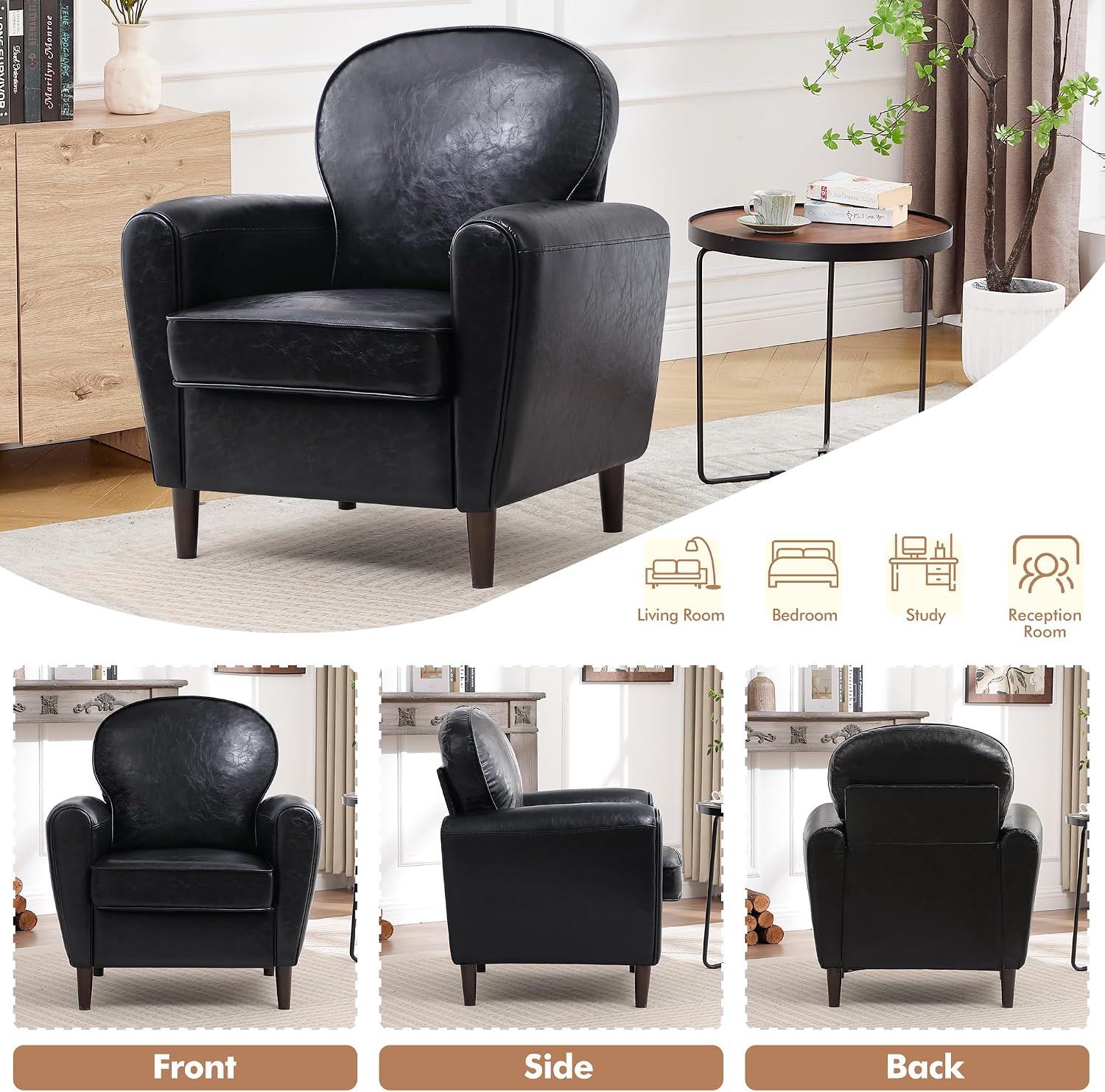 Accent Chair, Faux Leather Mid Century Modern Arm Chairs with Thick Cushion and Back, Comfy Upholstered Reading Chair Single Sofa Chair for Living Room, Bedroom, Club, PU Black