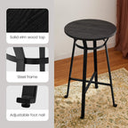 Glitzhome Bar Table and Chairs Set, Round Black Steel Pub Table with Soild Elm Wood Top and Bar Height Adjustable Swivel PU Leather Bar Stool for Breakfast Nook Living Room Small Space Restaurant
