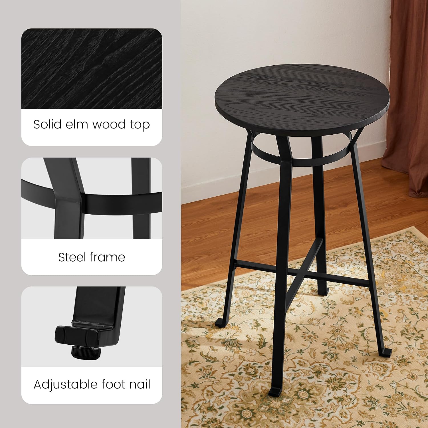 Glitzhome Bar Table and Chairs Set, Round Black Steel Pub Table with Soild Elm Wood Top and Bar Height Adjustable Swivel PU Leather Bar Stool for Breakfast Nook Living Room Small Space Restaurant