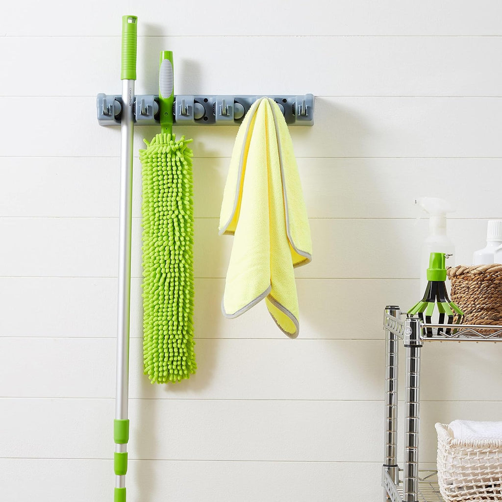 Amazon Basics Rectangular Heavy Duty, Wall Mount Storage Broom, Mop Holder or Tool Organizer with Hooks and Slots for Home, Garage, Garden, Laundry, or Kitchen, 2.36 x 16.9 x 3.35 in, Gray