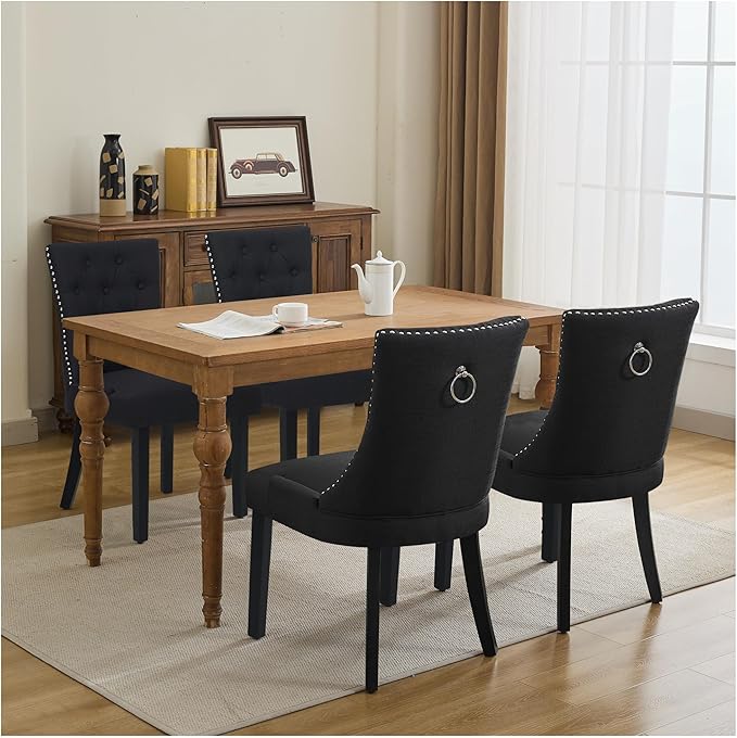 Upholstered Dining Chairs with Arms, Set of 2, Dining Room Chairs with Solid Wood Legs and Tufted Backrest (Black, 2PCS (Regular Size))