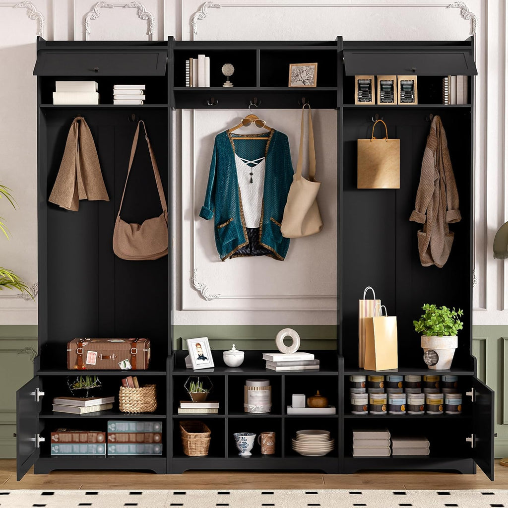 JIJIWANG 9.1''Wide Modern Hall Tree with Shoe Storage, 4-in-1 Multi-Functional Entryway Bench with 8 Cubbies, 7 Coat Hooks & Adjustable Shelf for Hallway, Living Room, Black